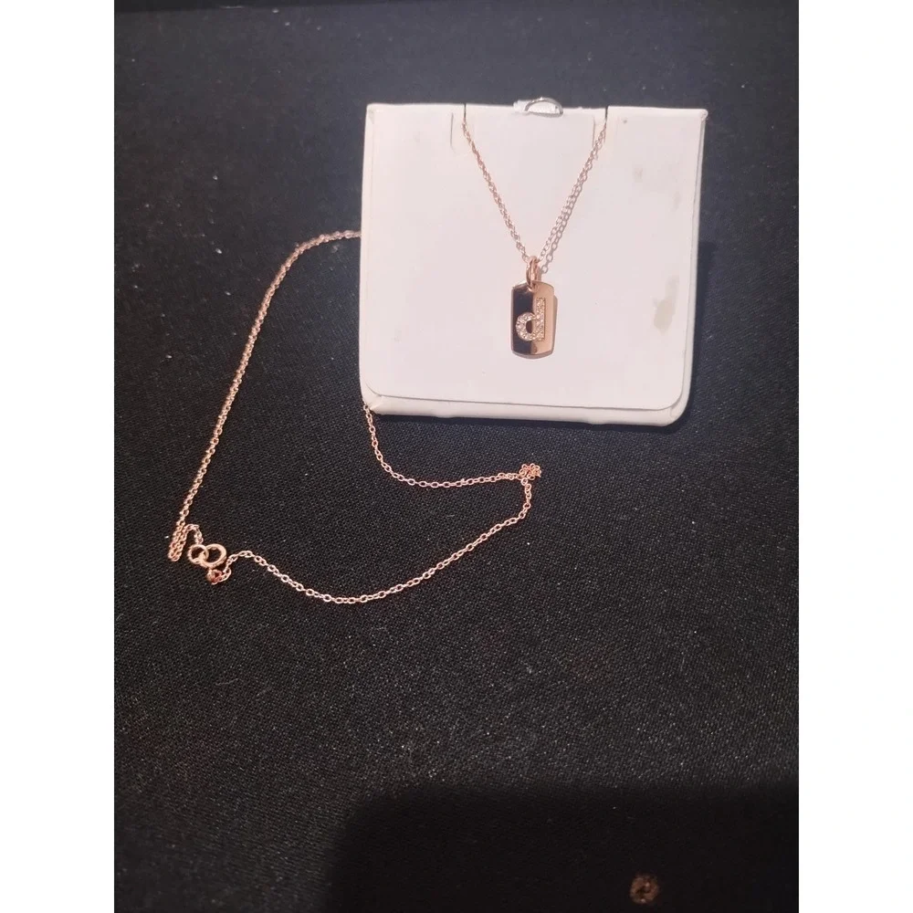 925 Sterling Silver Rose Gold Initial d Dog Tag Necklace Cubic Zirconia 18 In